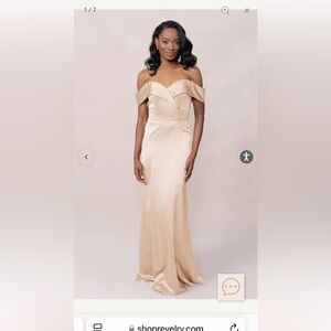 Revelry champagne gold 703 Bardot bridesmaid dress